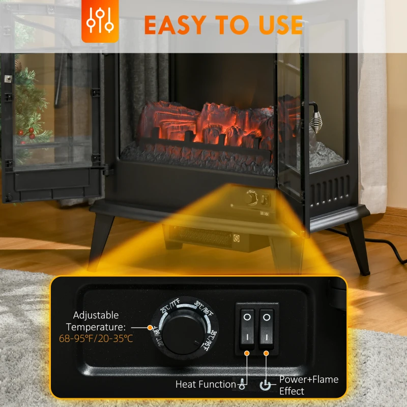 HOMCOM Electric Fireplace Heater, Freestanding Fireplace Stove with Realistic LED Log Flames and Overheating Safety Protection, 1400W, Black