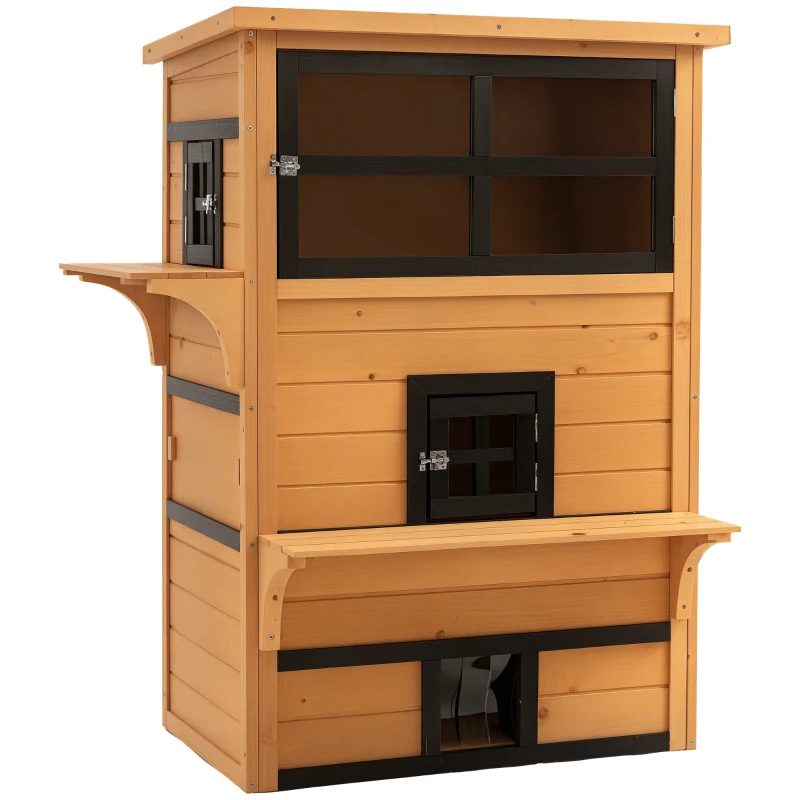 PawHut Cat House, Outdoor 3-Tier Kitty Shelter, Weather Resistant, w/ Escape Door