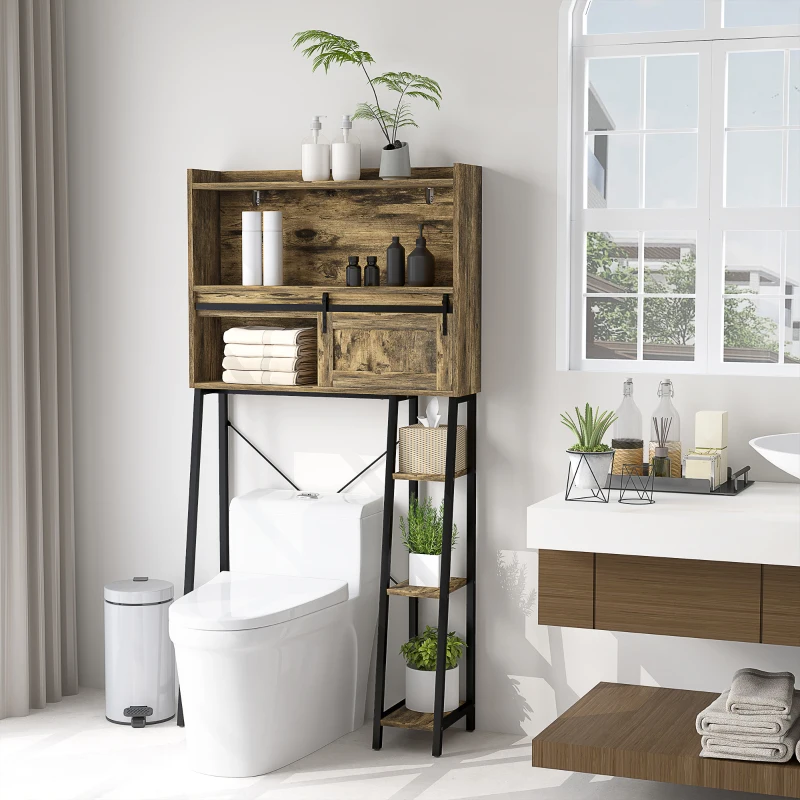 HOMCOM Over the Toilet Storage Cabinet, Over Toilet Bathroom Organizer with 3 Compartments, 4 Open Shelves, Rustic Brown
