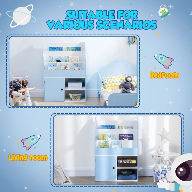 Qaba Toy Storage Organizer, Kids Bookshelf, Freestanding Children Bookcase with Cabinet for Toys Clothes Books, Blue