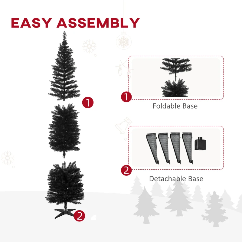 HOMCOM 7ft Unlit Pencil Artificial Christmas Tree with Realistic Branches and 499 Tips, Plastic Base, Black