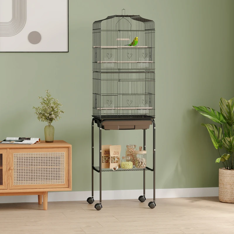 PawHut 60" Metal Indoor Bird Cage Starter Kit with Detachable Rolling Stand, Storage Basket, and Accessories, Black