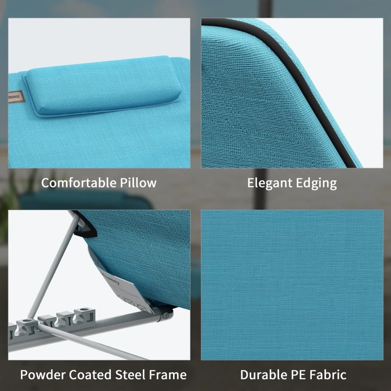 Outsunny 2 Pieces Beach Lounge Chair, Outdoor Folding Chaise Lounge Set w/ Pillow for Sunbath, Snap, Blue