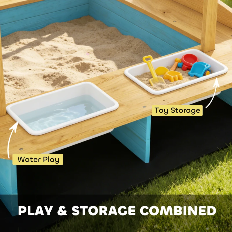 Qaba Wooden Sandbox with Dinosaur Print Canopy Kids Sandbox Outdoor with Bench Seats & 2 Storage Bins