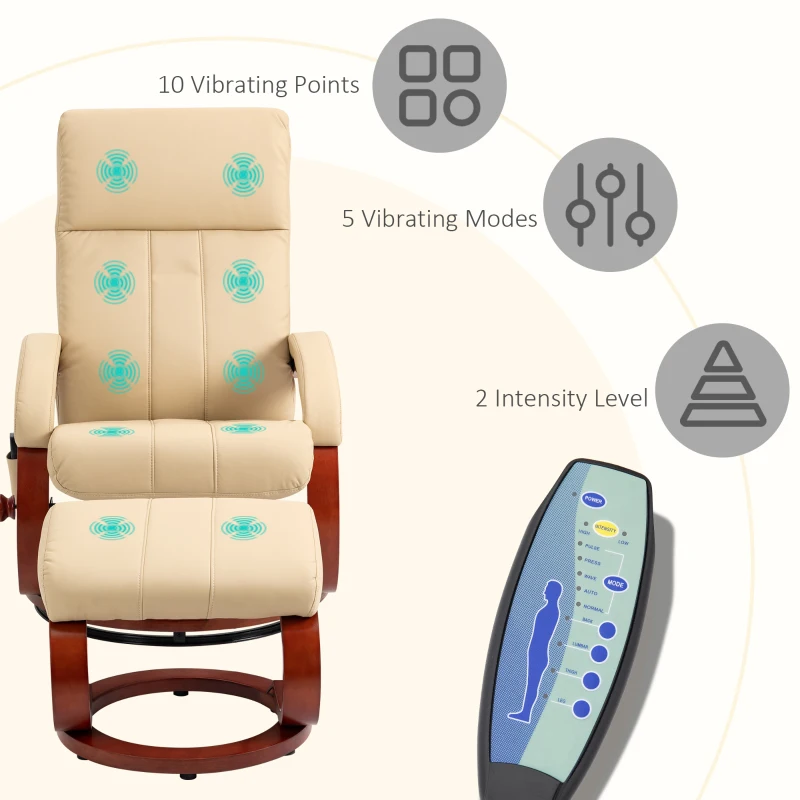 HOMCOM Recliner Chair with Ottoman, Electric Faux Leather Recliner with 10 Vibration Points and 5 Massage Mode, Beige