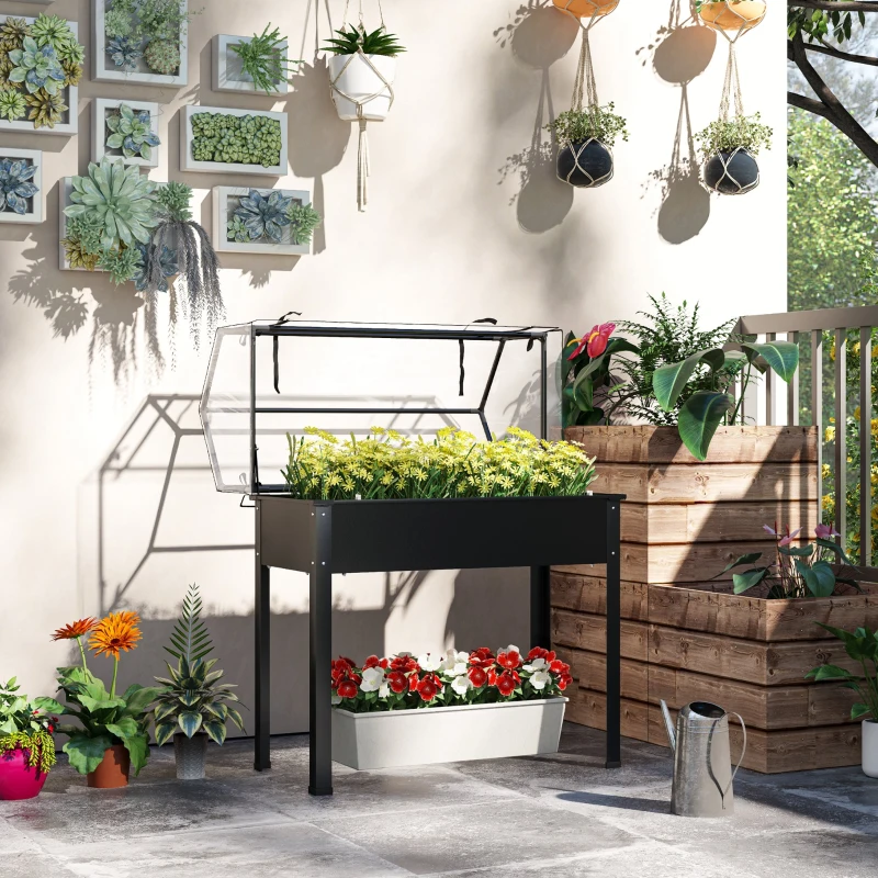 Outsunny Elevated Garden Box with Greenhouse Cover, Raised Garden Bed with Legs and Drainage Hole for Vegetables, Black