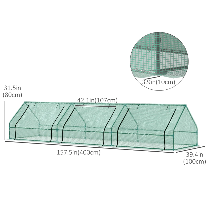 Outsunny 158" x 39" x 32" Plant Greenhouse Portable Garden Seed Flower Tunnel Growing Tent 3 Large Zippered Roll-up Doors Backyard Gardening Planter Green