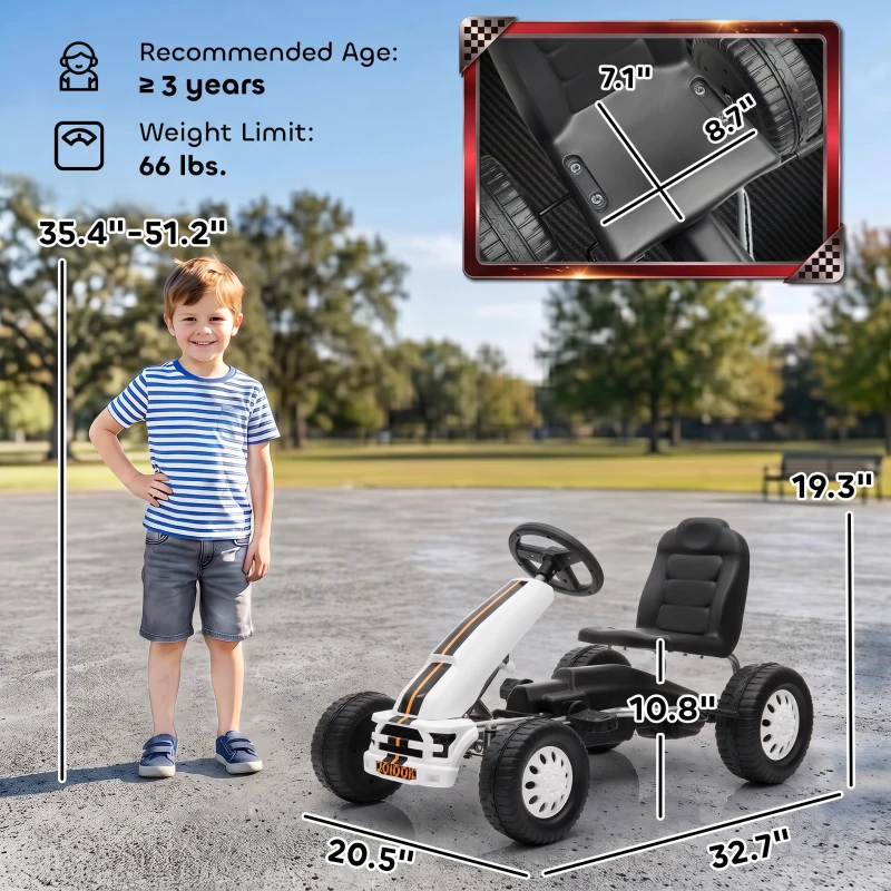 Qaba Lightweight Pedal Go Kart with Steering Wheel, Go Cart Ride on Toy with Adjustable Seat for 3+ Years, White