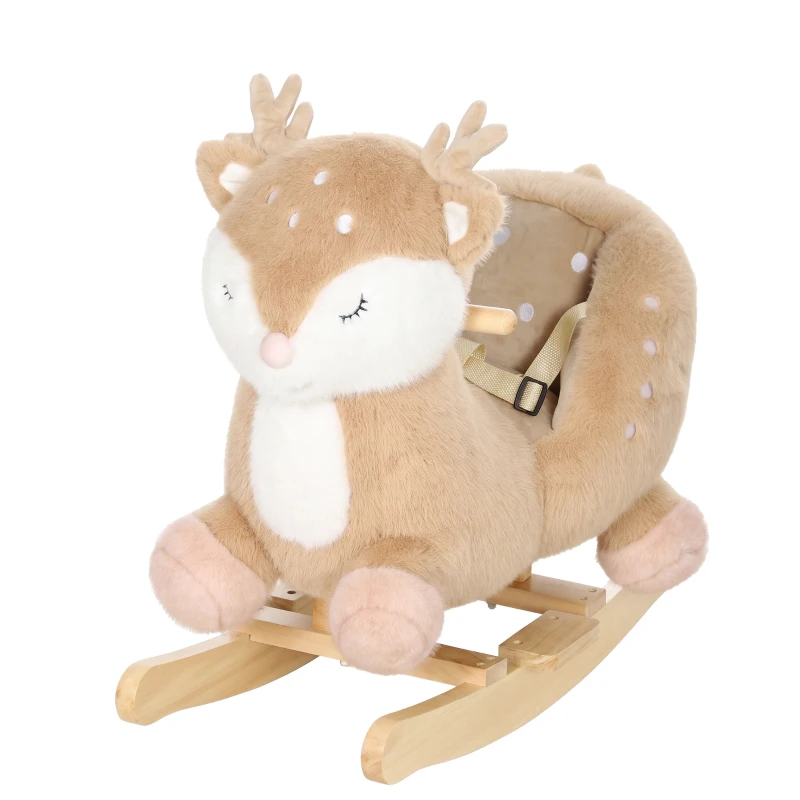 Qaba Rocking Horse for Toddlers 1-3 Years, Deer Baby Rocking Horse with Animal Sound, Seat Belt, Rocking Stopper, Brown