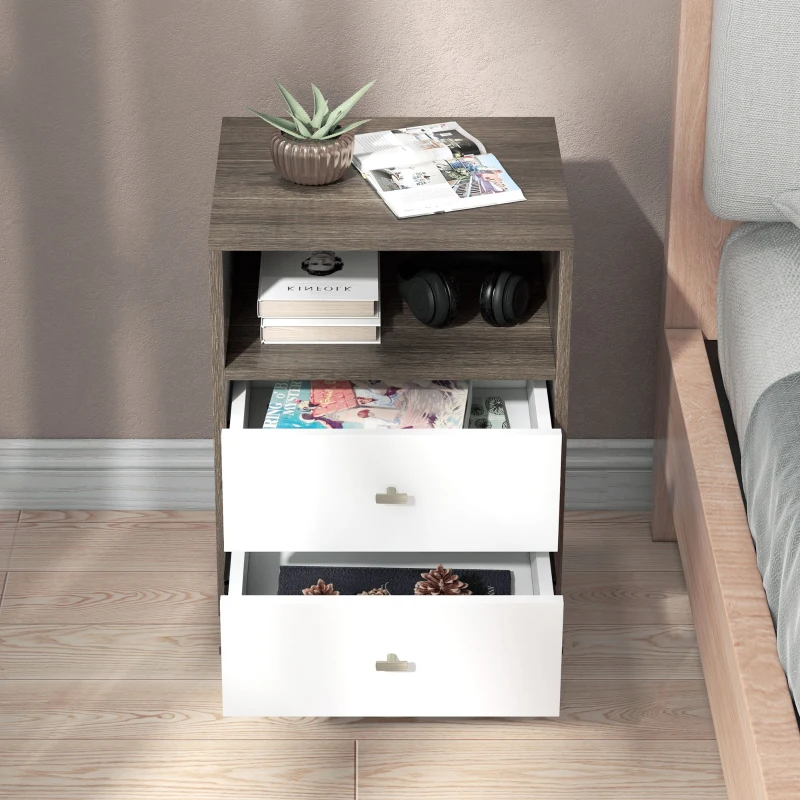HOMCOM Nightstand Set of 2, Modern Bedside Table, Night Stand for Living Room with 2 Drawers and Open Storage, Grey