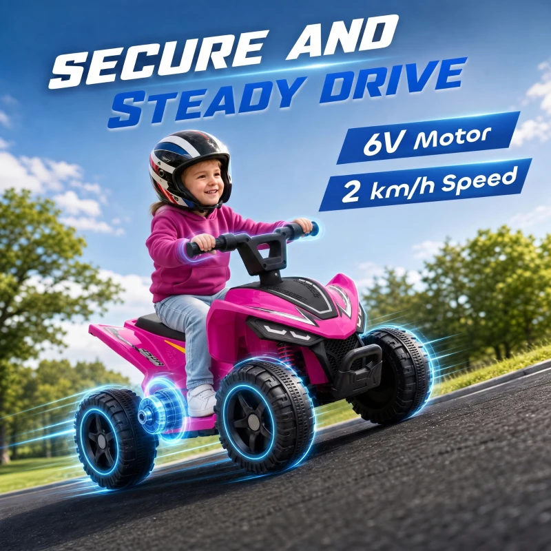 Qaba 6V Kids ATV, 4 Wheels Kids Quad with Button Control, 45Mins Runtime, Max 1.2MPH, Max 55lbs Load for 18-48 M, Rose Red