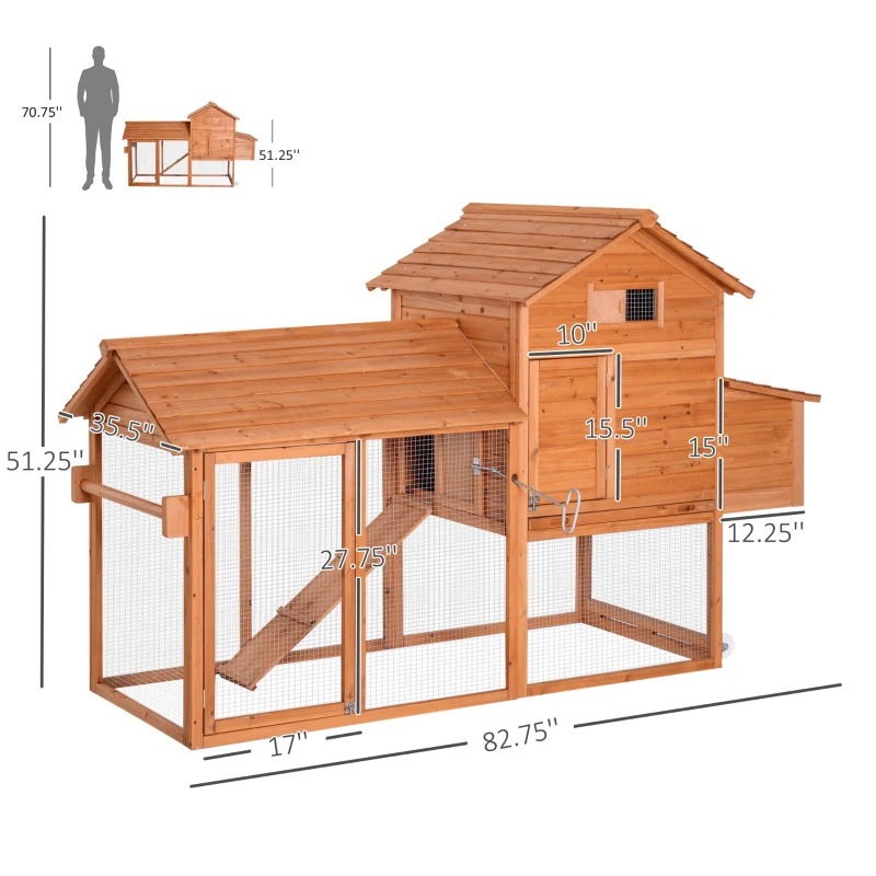 PawHut 83" Wooden Chicken Coop Tractor Hen House Portable Poultry Cage for Outdoor Backyard with Wheels, Nest Box, Removable Tray