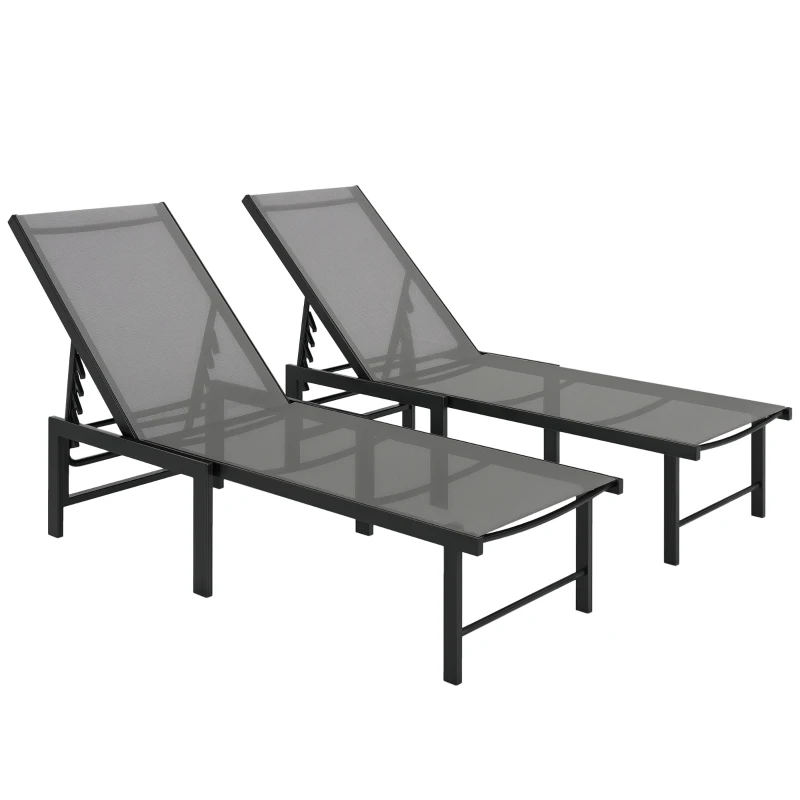 Outsunny Outdoor Lounge Chair Set of 2, 5-Position Reclining Outdoor Chaise Lounge Tanning Chair with Mesh Seat, Grey