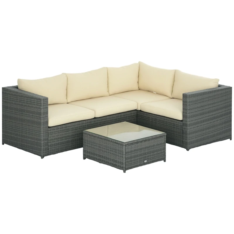 Outsunny 3 Pieces Rattan Wicker Outdoor Conversation Furniture Set w/ Loveseats Coffee Table Cushions for Garden, Patio, Beige
