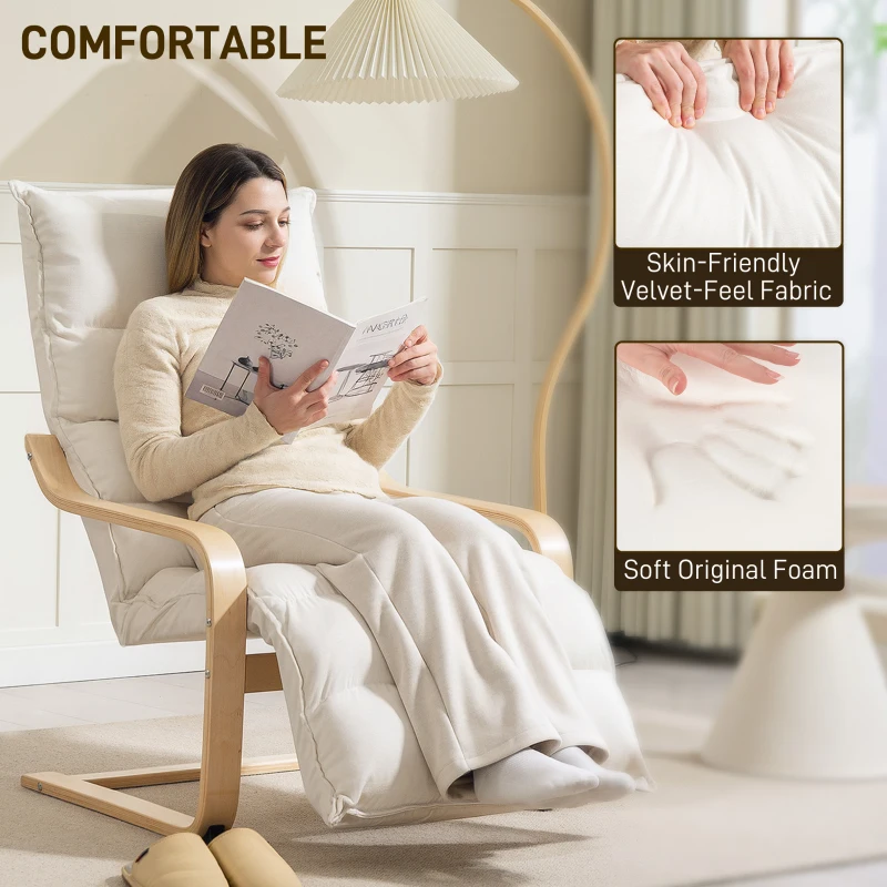 HOMCOM Accent Chair, Velvet Upholstered Living Room Chair with Footrest, Wood Frame, Cream White