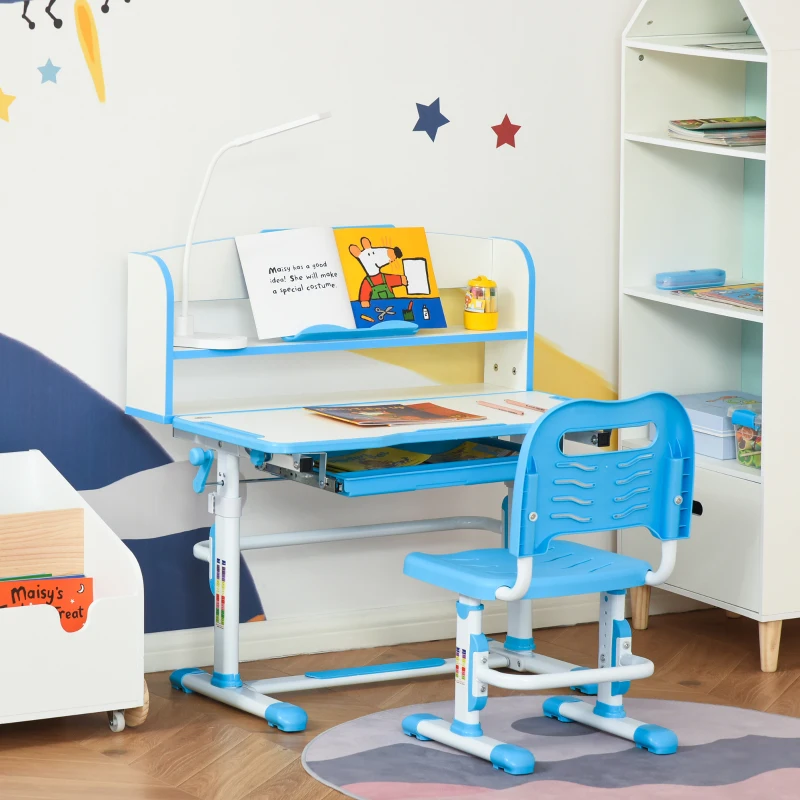 Qaba Kids Desk and Chair Set with Easy Rotation Handle, Height Adjustable Study Table and Chair Set with LED Lamp, Bookshelf, Drawer, Reading Board, Pen Slot, Hook, Blue