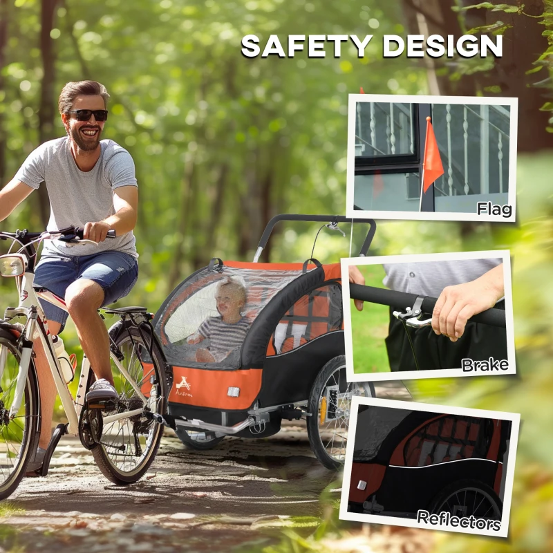 Aosom 2-Seat Elite 360 Swivel Bike Trailer for Kids Bicycle Cargo Trailer with Water-Resistant Windows, Black and Orange