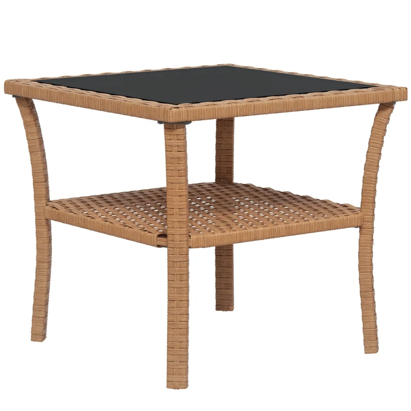 Outsunny Rattan Side Table, Outdoor End Table with Storage Shelf, Aluminum Frame Square, Coffee Table with Tempered Glass Top, Sand