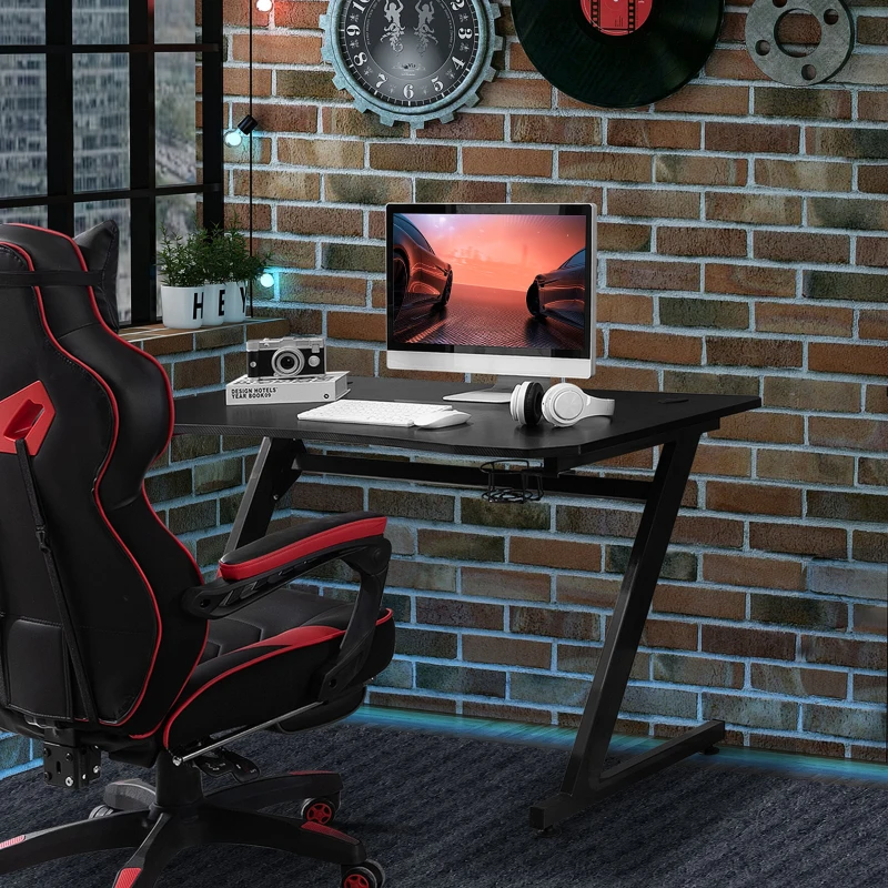 HOMCOM 47.25" Gaming Desk Computer Home Office Gamer Table Workstation Metal Frame with Cup Holder, Headphone Hook, Cable Management, Black