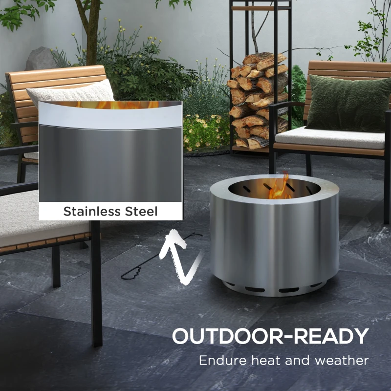 Outsunny Smokeless Fire Pit, Portable Camping Bonfire Stove with Poker for Backyard Patio Picnic, Stainless Steel, Silver