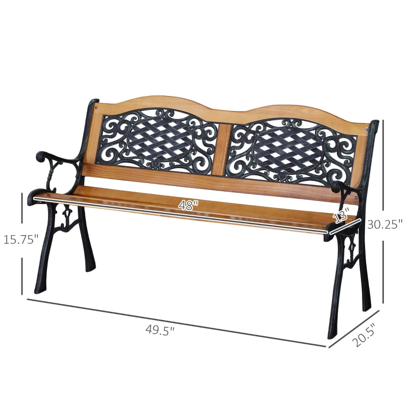 Outsunny 50" Outdoor Garden Bench, Park Patio Bench Loveseat, Wood & Metal Frame with Plastic Flourish Backrest, Natural Wood
