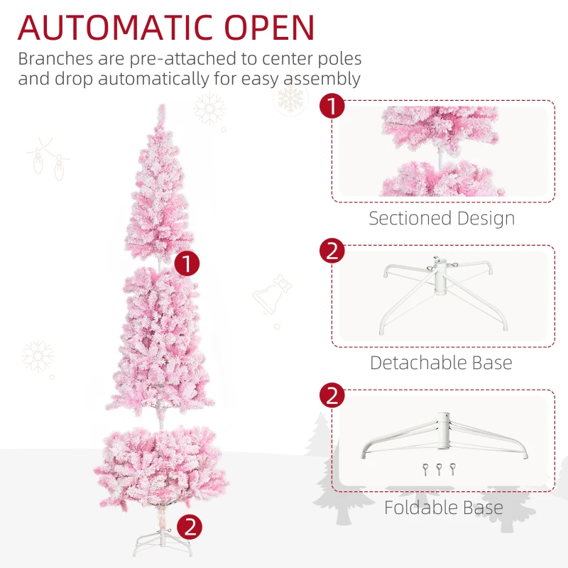 HOMCOM 7.5ft Tall Unlit Snow Flocked Artificial Christmas Tree Slim Pencil Xmas Tree, Pink
