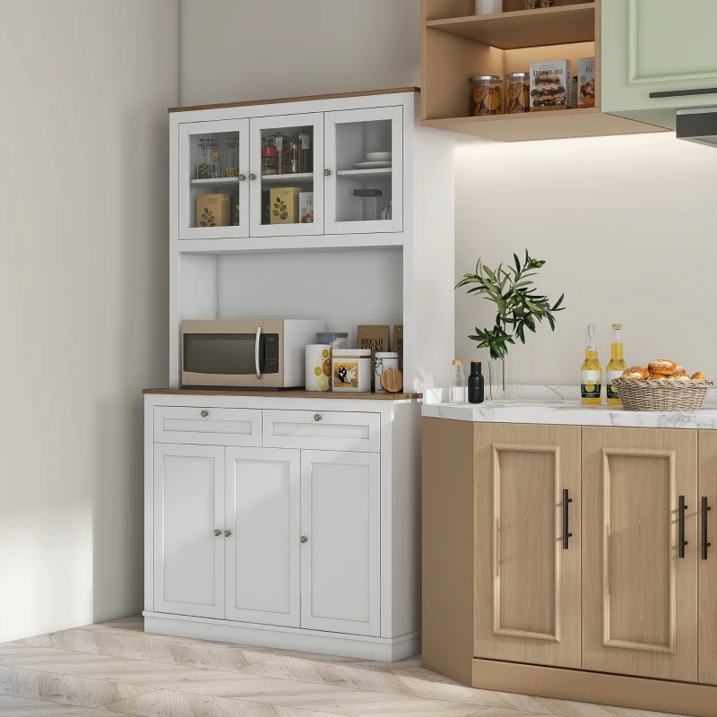 HOMCOM 71" Pantry Cabinet with Microwave Space, Kitchen Cabinet with Hutch, 2 Drawers, Adjustable Shelves, Glass Doors, White