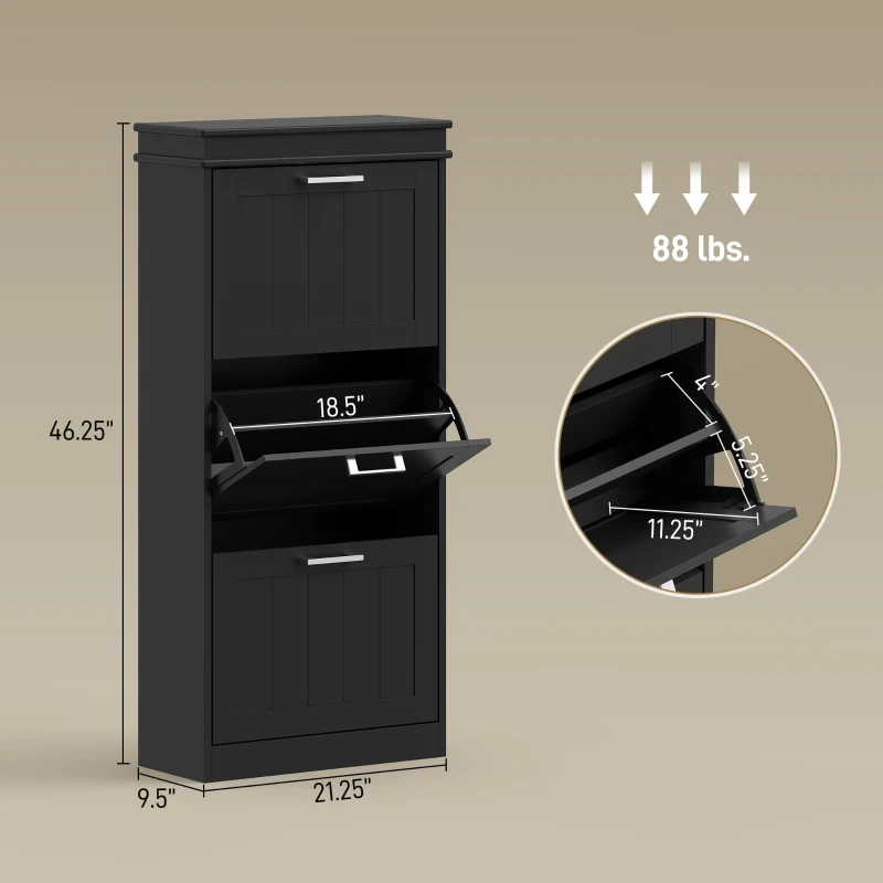 HOMCOM Modern Shoe Storage Cabinet with 3 Flip Drawers for 15 Pairs, Narrow Shoe Organizer for Entryway, Hallway, Black