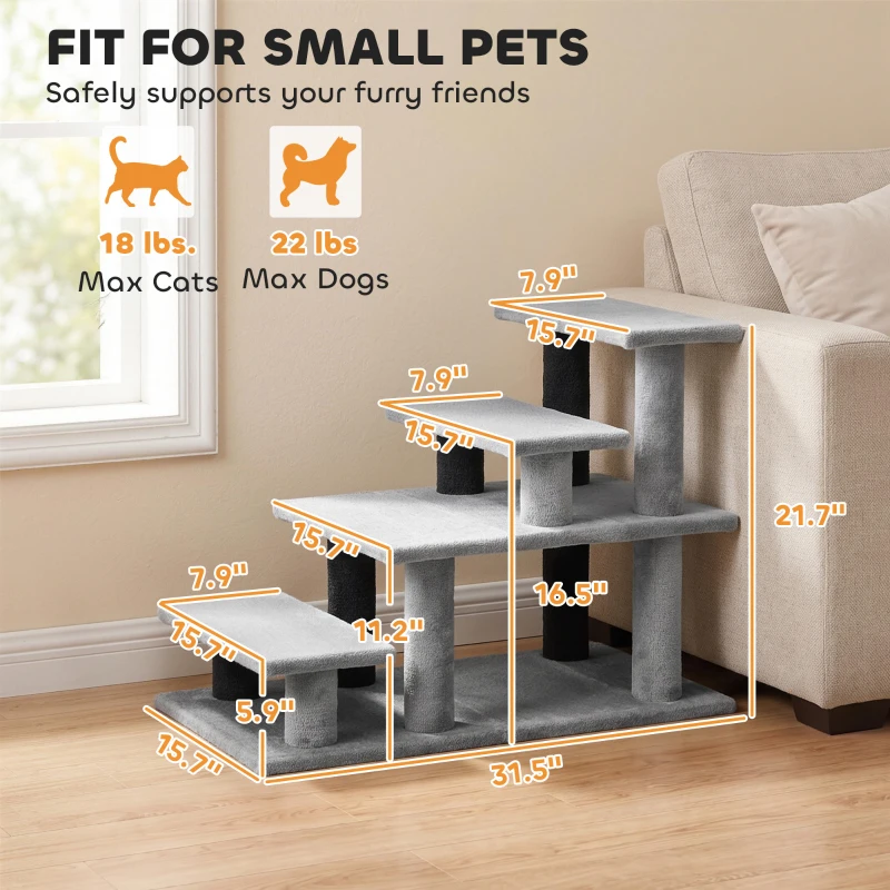 PawHut Pet Stairs, Cat Stairs with 2/3/4-Step Flexible Setup for Bed, Sofa, Gray