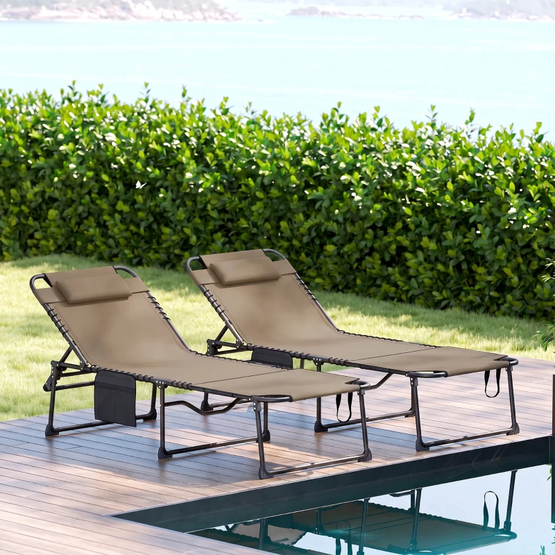 Outsunny 2 Piece Folding Chaise Lounge Pool Chairs with 5-level Reclining Back, Reading Hole, Side Pocket, Beige