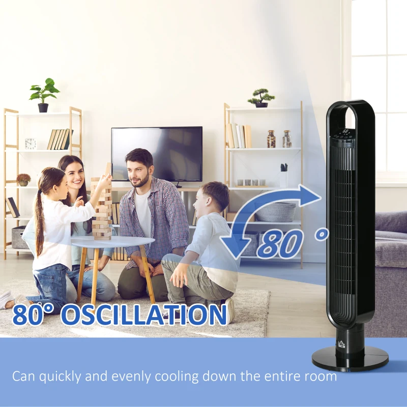 HOMCOM 39 Inch Tower Fan for Bedroom Cooling, 80°Oscillating Fan with 3 Speeds, 12H Timer, Handle and Remote Control, Standing Floor Fan for Home Office, White