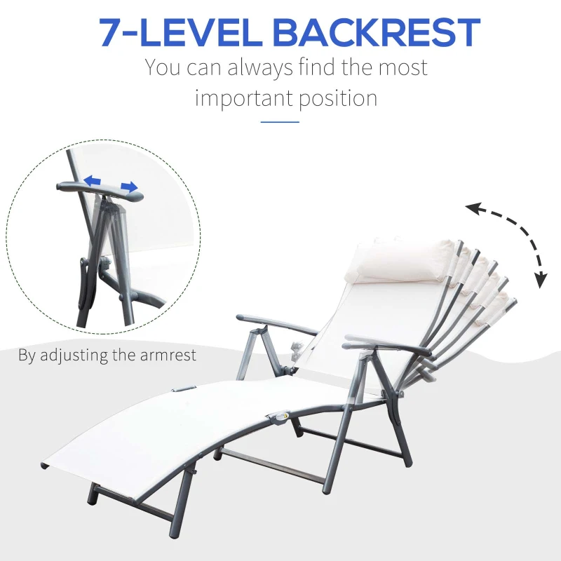 Outsunny Outdoor Folding Chaise Lounge Chair Steel Portable Recliner with 7 Adjustable Backrest Positions, Cream White