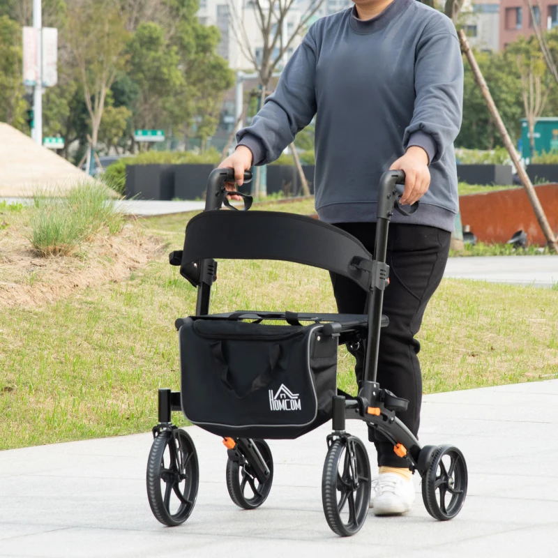 HOMCOM Aluminum Rollator Walker for Seniors and Adults with 10'' Wheels FSA HSA Eligible, Seat and Backrest, Folding Rolling Walker with Adjustable Handle and Storage Bag, Support up to 300lbs, Black