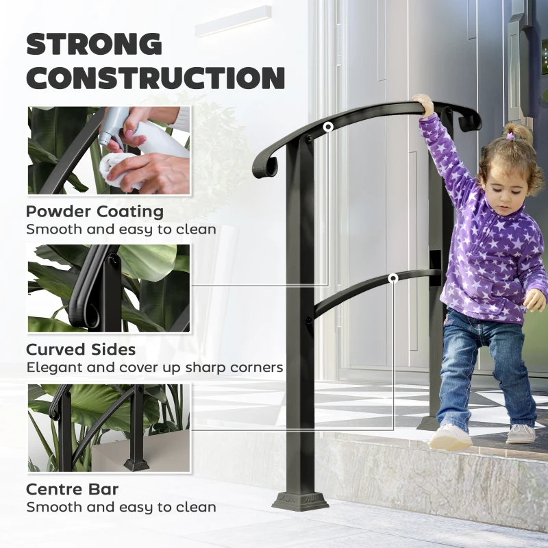 Outsunny 1-3 Step Metal Handrails for Outdoor Steps, Porch Deck Stair Railing with Installation Kit for Concrete Steps, Black