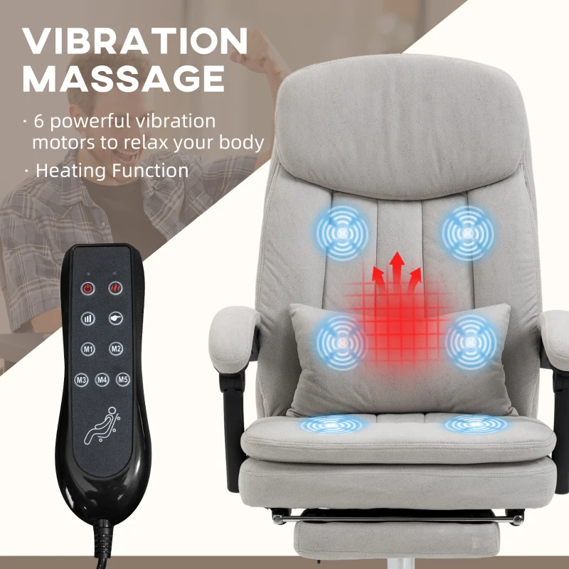 Vinsetto Executive Office Chair with Vibration Massage, Microfibre Swivel Desk Chair, Heated Reclining Computer Chair with Lumbar Support Pillow, Footrest, Light Gray