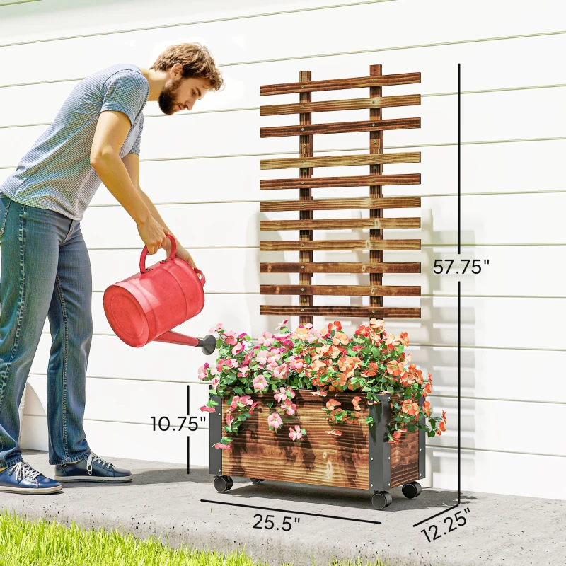 Outsunny Wooden Raised Garden Bed, Planter Box w/ Trellis and Metal Corners, Portable on Wheels for Patio, Backyard, Deck, Brown