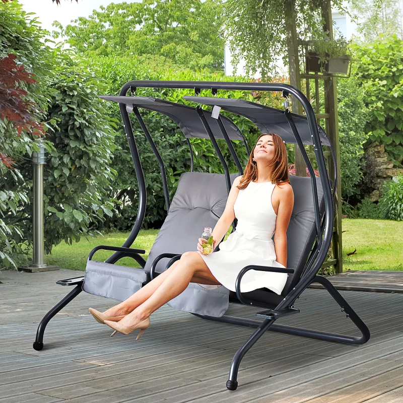 Outsunny Patio Swing Chair with 2 Separate Seats, Outdoor Swing Glider with Removable Canopy and Cup Holders, for Porch, Garden, Poolside, Backyard, Gray