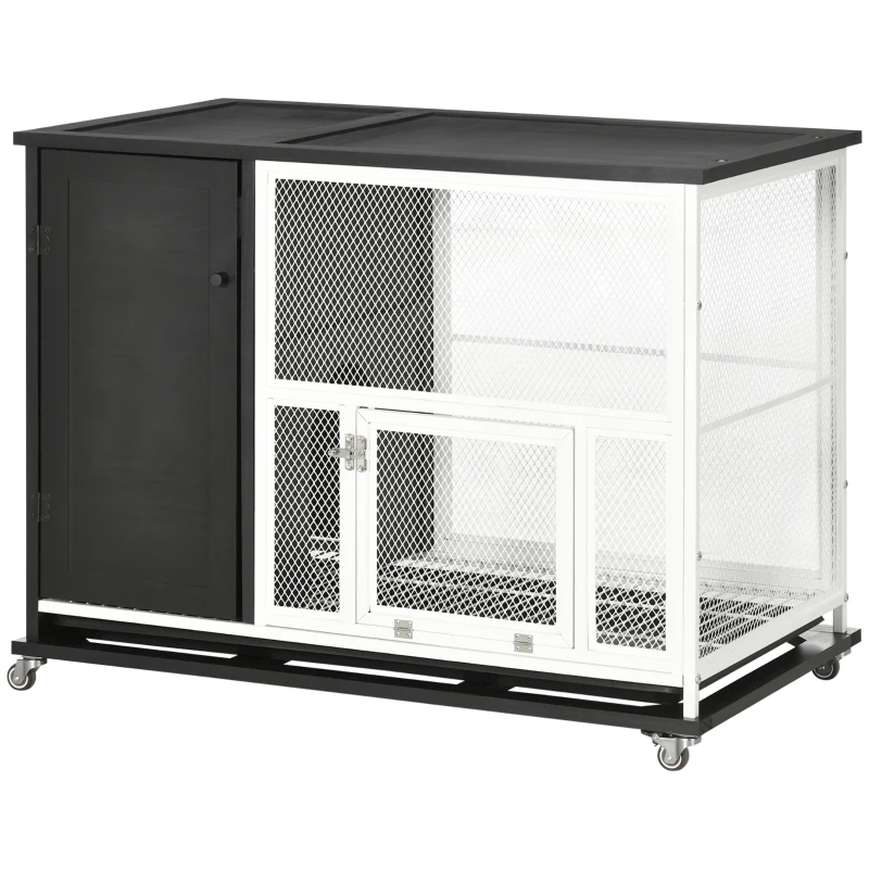 PawHut 38" 2-in-1 Indoor Rabbit Hutch & End Table with Wheels & Storage Shelf, Bunny Rabbit Cage with Removable Tray, Bunny Hutch Rabbit Furniture Pet Crate End Table, Black