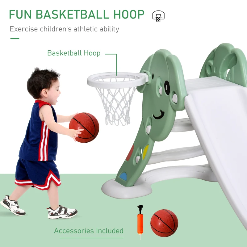 Qaba kids Slide for Indoor and Outdoor, Toddler Freestanding Slide Climber Toy for 18-48 Months Basketball Hoop, Ball and Inflator, Green