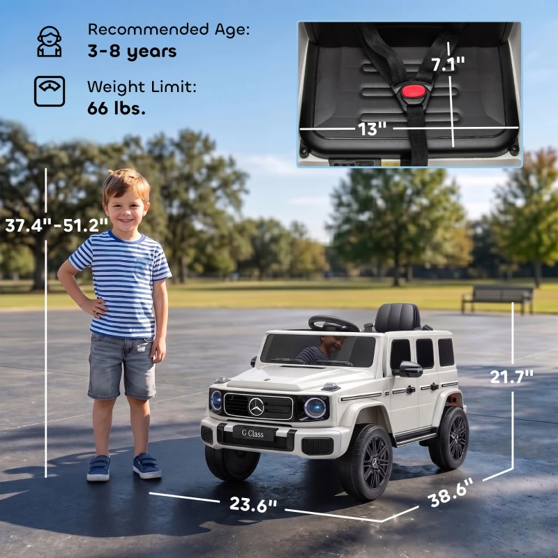 Qaba Licensed Mercedes-Benz G580 12V Kids Ride On Car with Remote, Soft Start, Headlights, Seat Belt, Music, USB, Horn, White