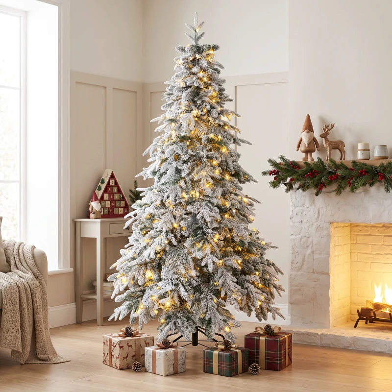 HOMCOM 6ft Prelit Flocked Christmas Tree, Downswept Hinged Xmas Tree with LED Lights, 8 Modes, Daily Timer, Remote