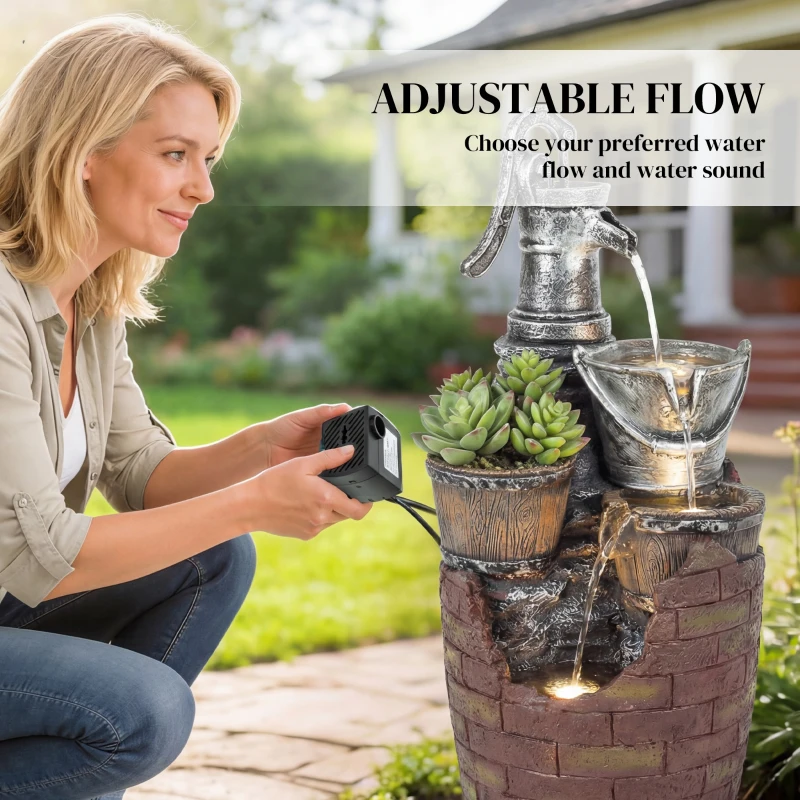 Outsunny 4-Tier Outdoor Fountain with Planter, Cascading Waterfall Feature with LED Lights, Rustic Brown and Grey