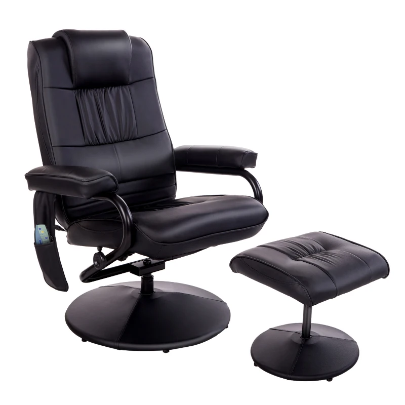 HOMCOM Massaging Faux Leather Recliner Chair and Ottoman Set, Swivel Vibration Massage Lounge Chair with Remote Control for Living Room, Bedroom, or Office, Black