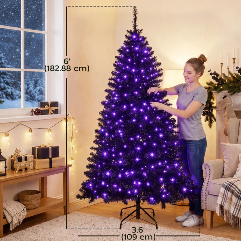 HOMCOM 6ft Pre-lit Black Christmas Tree, Artificial Halloween Tree with 680 Purple LED Lights, 680 Tips, Metal Stand, Black