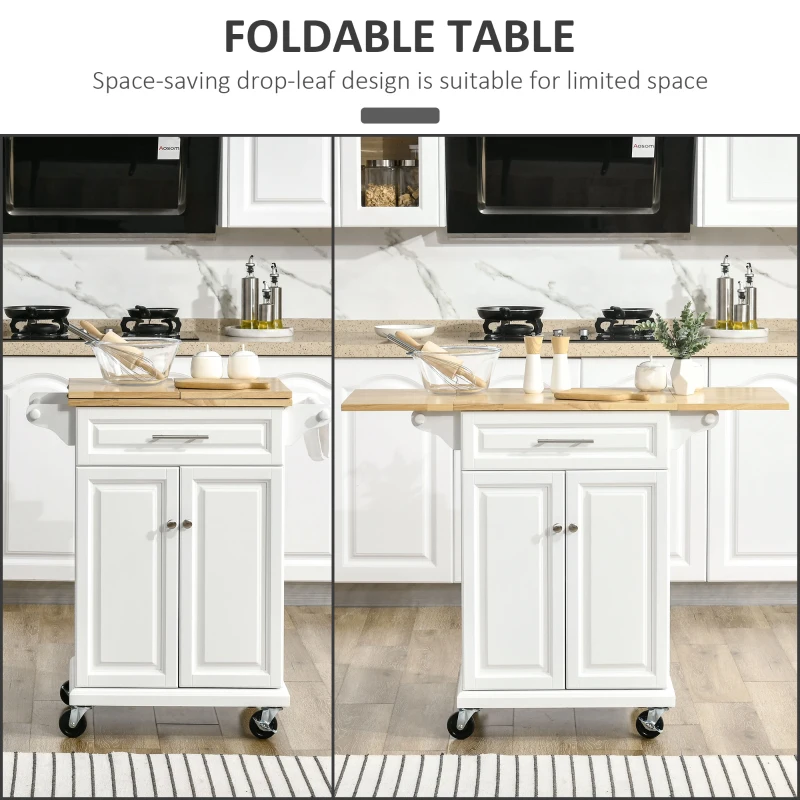 HOMCOM Kitchen Island with Drop Leaf Trolley Cart on Wheels Drawer Cabinet Towel Racks Versatile Use Natural Wood Top and White