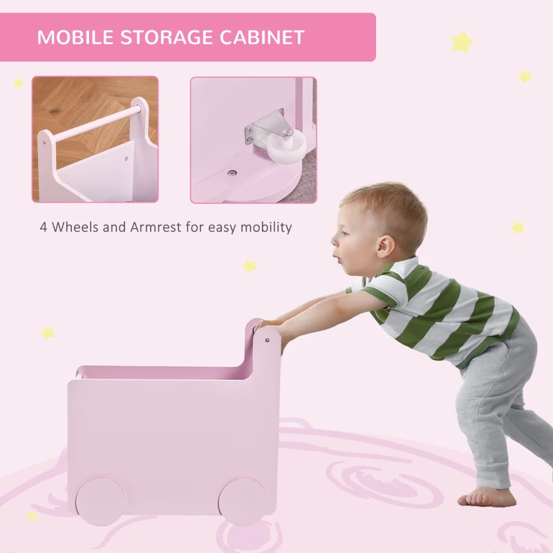 Qaba's Kids' Storage Cabinet, Organizer for Books, Crafts, Rollable Toy Chest Safely Transport Bookshelf with Included Wheels, Clean Play Room, Pink