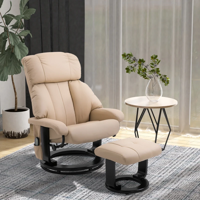 HOMCOM Massage Recliner Chair with Ottoman, 360° Swivel Recliner and Footstool, PU Leather Reclining Chair with Side Pocket and Remote Control, Beige