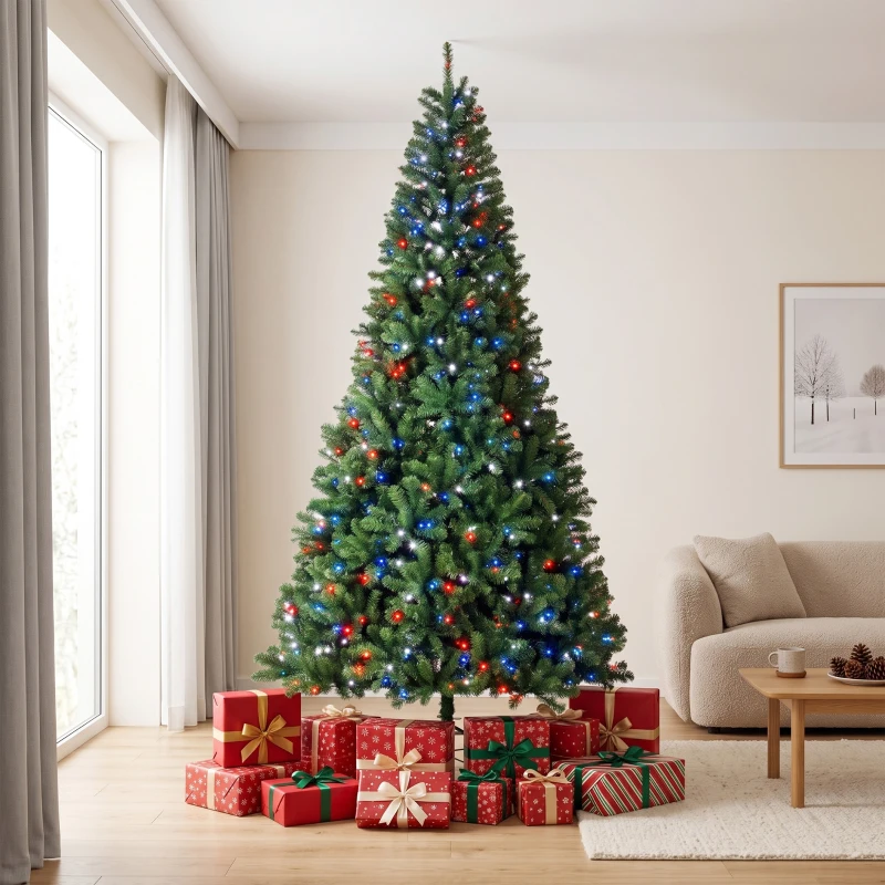 HOMCOM 9ft Prelit Christmas Tree with RGB Dynamic LEDs, Remote Control, Daily Timer, Hinged Xmas Tree, Easy Assembly
