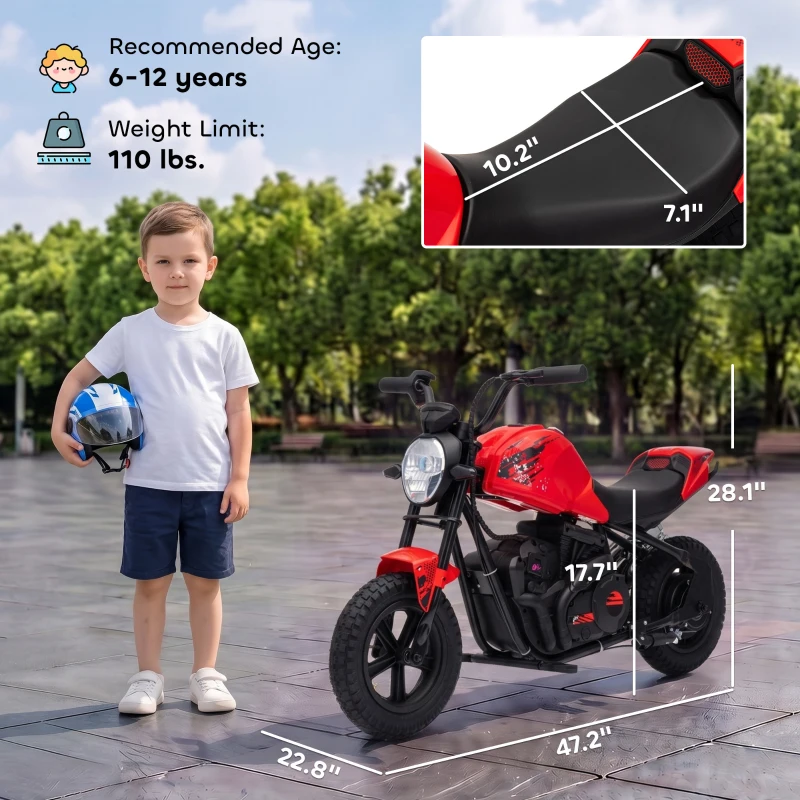 Qaba 24V Kids Electric Motorcycle with 180W Motor, 12" Rubber Tires, Up to 11MPH, Twist Throttle for Ages 6-12, Red