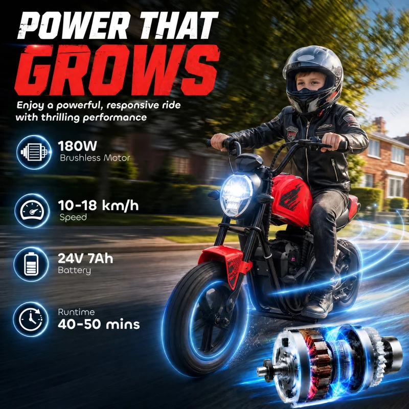 Qaba 24V Kids Electric Motorcycle with 180W Motor, 12" Rubber Tires, Up to 11MPH, Twist Throttle for Ages 6-12, Red
